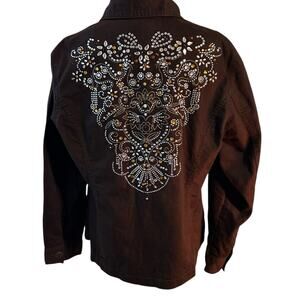 Chico's Platinum Jacket Embroidered Rhinestone SZ 2 LG Pocket Boho Western Brown